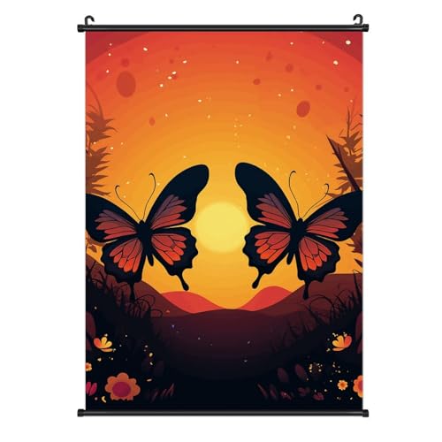 Poster toile papillons coucher de soleil deco murale sans percer avec crochet amovible