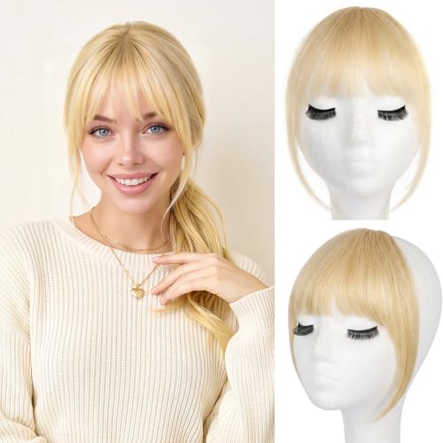LEEONS Clip in Bangs Real Human Hair, 100% Remy Human Hair Topper for Women, Clip on Bangs Hairpiece with Temples (Wispy Bangs, Platinum Blonde)