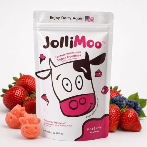 JolliMoo Lactase Enzyme Gummies 9000+ FCC 60 Count Digestive Enzyme Supplement for Dairy Foods Chewable Lactase Support Vegan Kosher Made in USA | Moozyme