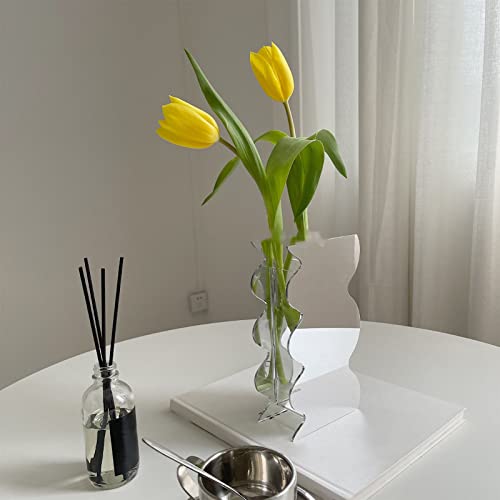 Naroote Acrylic Flower Vase, Many Uses Mirror Vase, Clear Wavy Shape Modern Waterproof Vase for Office Decoration (Mirror) - Image 2
