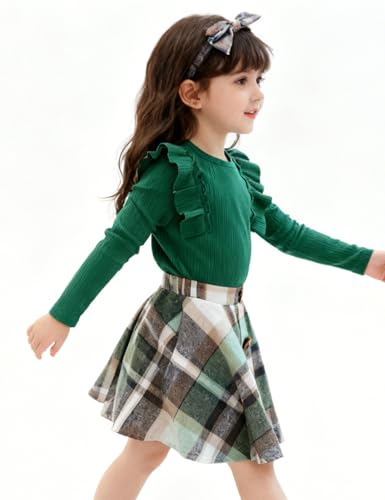 Image of AGQT Toddler Girls Fall Winter Clothes Long Sleeve Ribbed T-Shirt Knit Tops Plaid Button Mini A-line Skirts Set Outfits