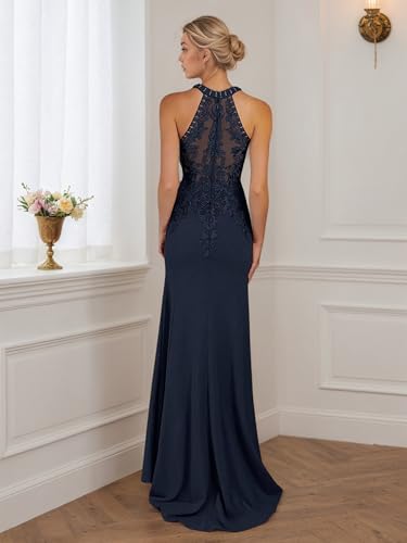 Long Lace Mother of The Bride Dresses Mermaid Halter Formal Dress for Women Wedding Guest4