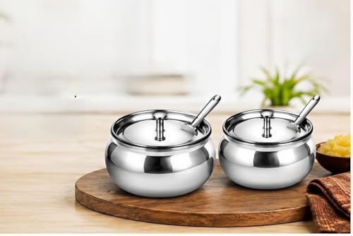 Image of Premium Stainless Steel Ghee Pot Set of 2 | Airtight Storage Jars for Ghee, Oil, Spices & Kitchen Essentials | Rust-Free, Food Grade, Durable & Easy to Clean Containers for Home Kitchen Use