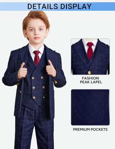 Boys Formal Suit Slim Fit Tuxedo Ring Bearer Outfit Navy Blue Plaid Size 10 - image 4