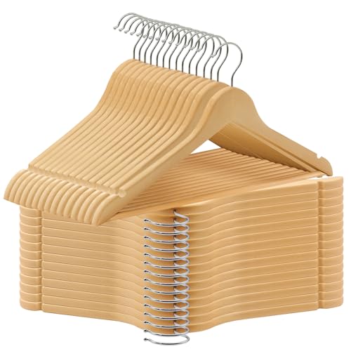 ABHENG Lot de 30 Cintres en Bois, Robustes et Lisses, Cintre en Bois pour Votre Armoire, Crochet pivotant 360°, découpes au Niveau des épaules, antidérapantes,...