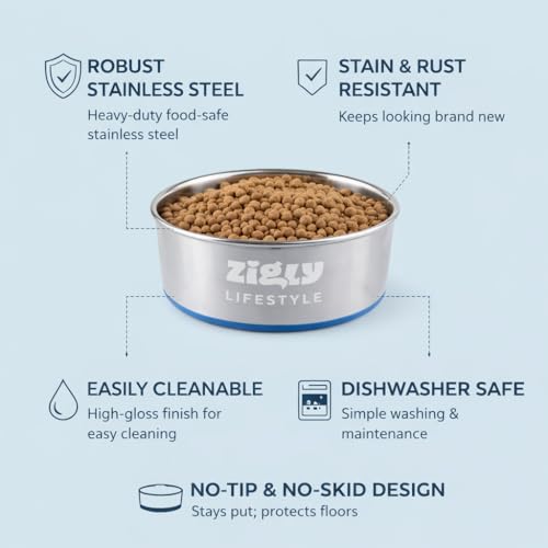 Image of Zigly Stainless Steel Dog Feeding Bowl for Large & Giant Breeds | Rust-Resistant Anti-Skid Food & Water Bowl | Heavy Duty, Hygienic & Easy to Clean Pet Bowl | L | 1860ml