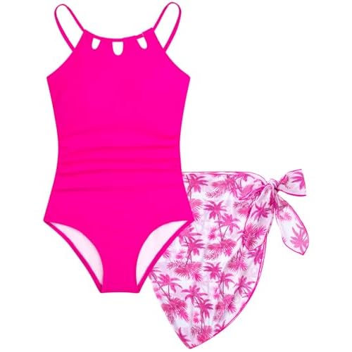 HOZIY Girls Swimsiut One-Piece Bathing Suit with Mesh Cover Ups Skirt Adjustable Straps Cut Out Swimwear Size 7-16 Hot Pink 11-12 Years