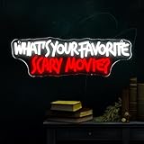 Symone What'S Your Favorite Scary Movie Neon Sign, Gothic Neon Light USB Powered Dimmable LED Halloween Neon Signs for Wall Decor, for Movie Room Party Terrifying Interior Decor(15.7 * 5.1 In)