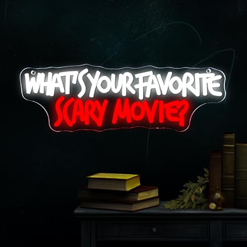 Image of Symone What'S Your Favorite Scary Movie Neon Sign, Gothic Neon Light USB Powered Dimmable LED Halloween Neon Signs for Wall Decor, for Movie Room Party Terrifying Interior Decor(15.7 * 5.1 In)