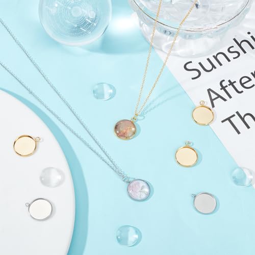 UNICRAFTALE About 40Pcs 2 Colors 304 Stainless Steel Pendant Cabochon Settings Plain Edge Bezel Cups 16mm Tray Flat Round Pendant Making Kit with 40Pcs Transparent Glass Cabochons for Jewelry Making - Image 2