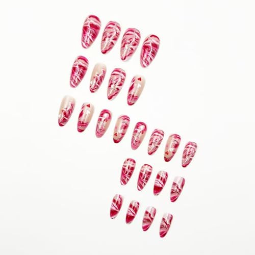 Image of Valentines Press on Nails Pink Fake Nails Shiny Glitter Ombre Glue on Nail with Design Glossy Full Cover Medium Almond Stick on Nail for Women Manicure 24Pcs