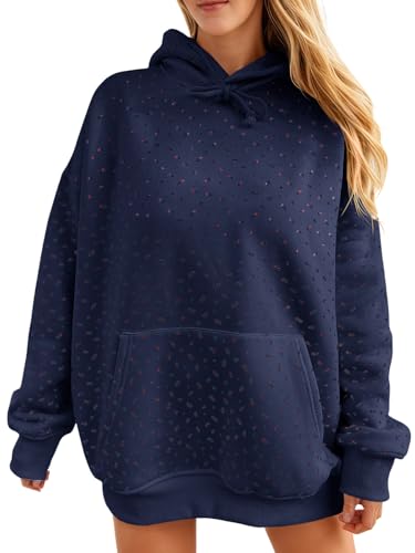 Fisoew Womens Hoodies Oversized Floral Sweatshirts Casual Long Sleeve Pullover Loose Fit Drawstring Hooded Tops Navy
