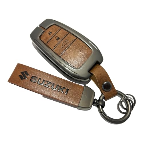 Image of Zinc Metal Alloy Leather Car Key Cover & Case Brown with Keychain & Holder Compatible for Maruti Suzuki Invicto (3 Button Push Smart Key)