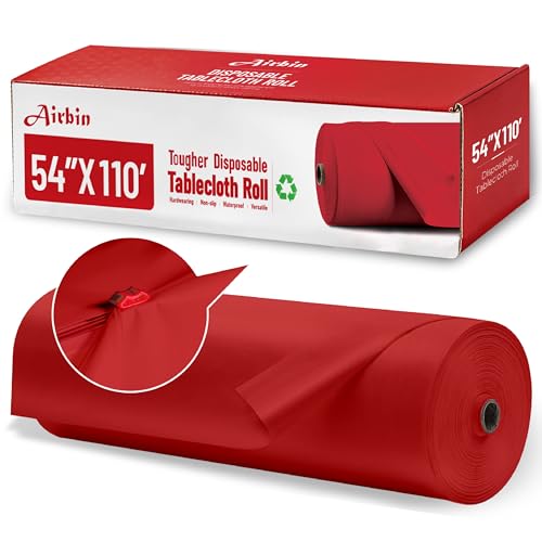 Image of Plastic Table Cloth, 110 Ft X 54 in Disposable Tablecloth Red Tablecloth Premium PEVA Plastic Table Cloth Disposable with Any Cut Sliding Cutters for Picnics, Parties, Birthdays, Festivals