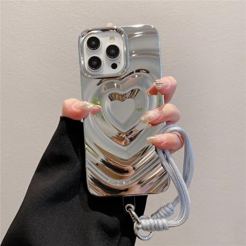 Dragonne silicone cœur 3D iPhone 13 cadeau romantique argent