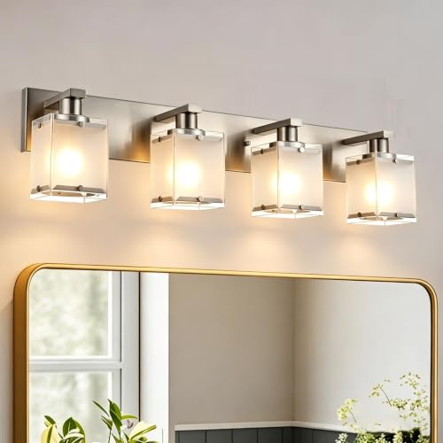 Image of 4 -Lights Bathroom Light Fixtures Over Mirror, Brushed Nickel Vanity Lighting Fixture with Rectangular Frosted Glass Shade, Wall Sconce Lighting for Kitchen Living Room Bedroom Hallway