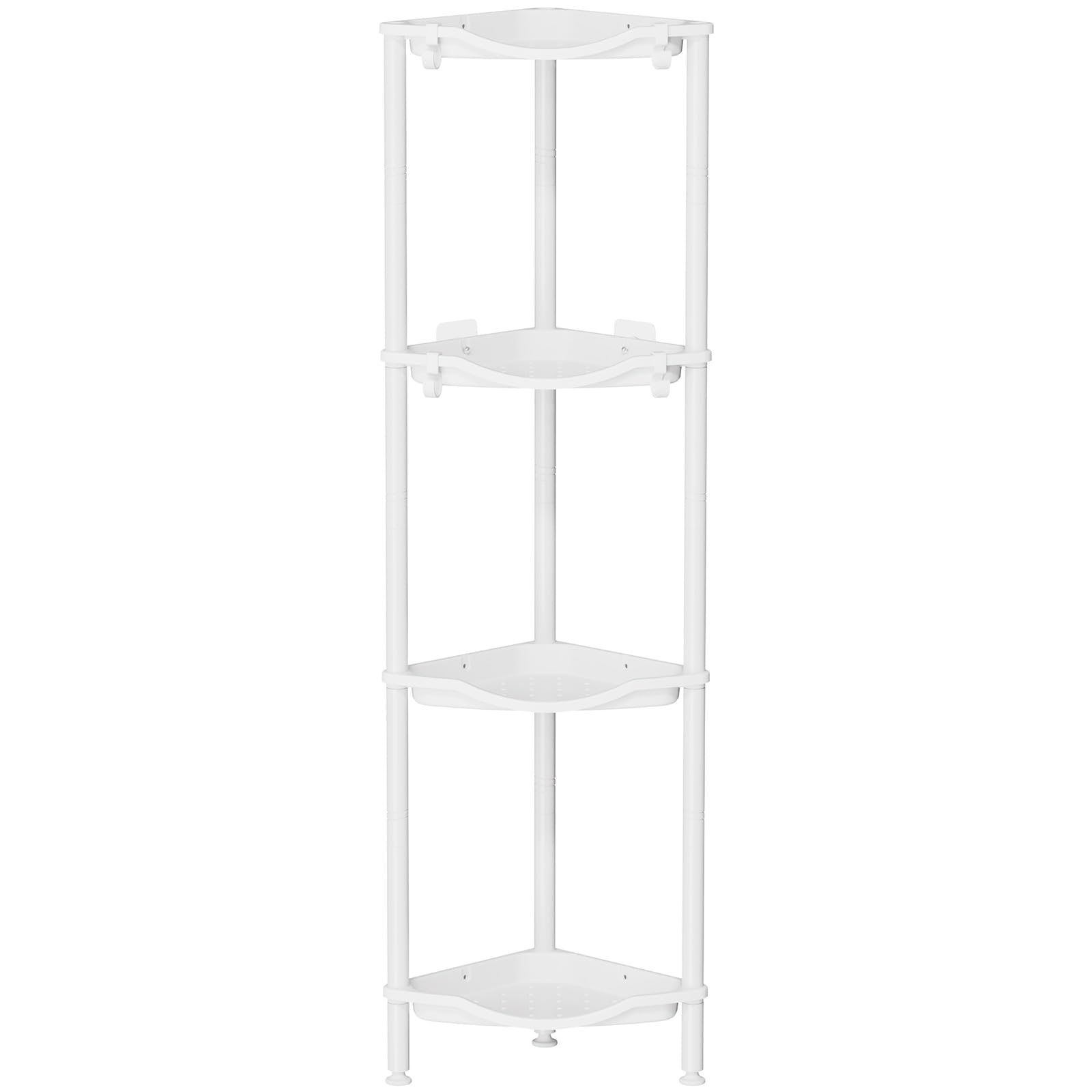 Lifewit Floor Standing Shower Caddy Corner, 4 Tier Plastic Shower Stand Rack with Adjustable Feet and Hooks, Rustproof Bathroom Shelf Organizer, White