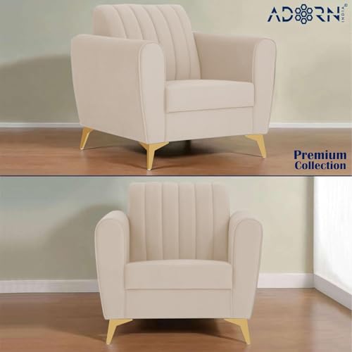 Image of Adorn India Premium Luster 3-1-1 Sofa Set | Velvet Suede Fabric | 3-Year Warranty | Color Cream with Golden Legs & Striped Pattern Cushion