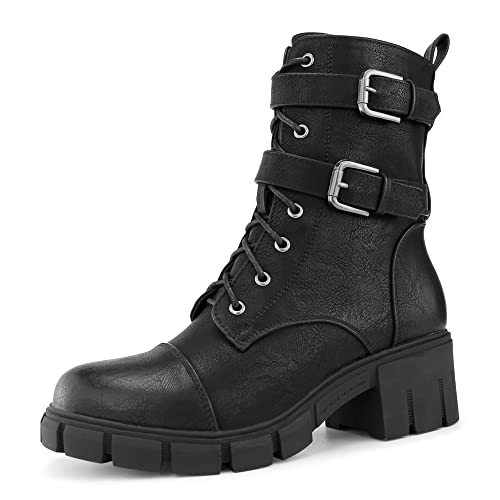 Tobfis Women's Combat Boots Side Zipper Buckle Chunky Heel Ankle Booties