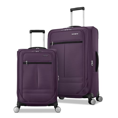 Samsonite 2-PC Soft-Sided 21/25 (Carry-On & Medium Checked) Lightweight Expandable Element Luggage Set: 2 Front Pockets & Side Pocket Four Spinner Wheels Adjustable Handle Durable- Purple