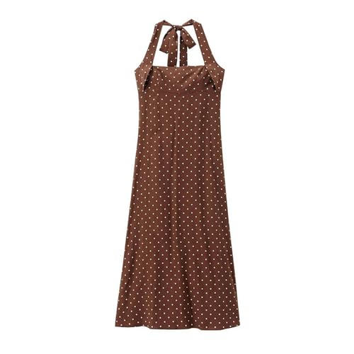 Damen Neckholder-Kleid mit Breiten Schultergurten, Leinenmischung, gepunktet, Braun, XS