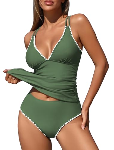 ZAFUL Tankini Swimsuits for Women Tummy Control V Neck Push Up Swim Top Color Block Tummy Control High Waisted Swim Bottom Cheeky Bathing Suits for Women (Olive Green XXL)