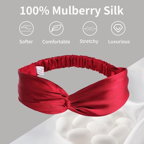 Image of ZLYC Mulberry Silk Headband for Women's Hair, Solid Burgundy | smooth luxury real silk, stretch elastic no slip fit, makeup spa skincare use, travel daily wear,boho fashion hair accessory