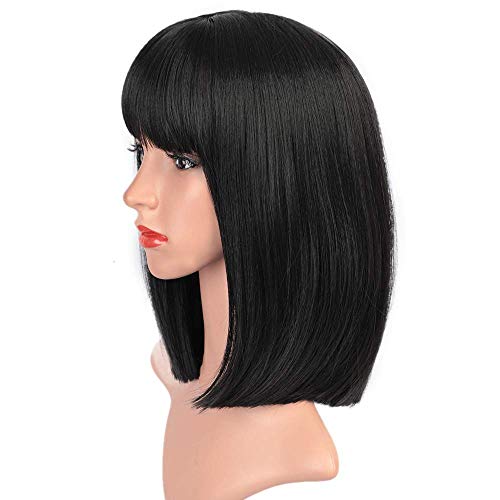 AISI BEAUTY Short Straight Bob Wigs with Bangs Synthetic Black Straight Wigs for Cosplay Wig or Daily Party Use