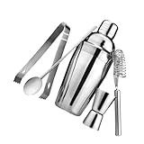 Warmhm 5 Stück 1 Barkeeper-Set Barmann Stabsimer Martini Jigger Barzubehör Sieb Shake Barkeeper-Tools für die Bar Requisiten für Cocktail-Barkeeper Rostfreier Stahl Silver