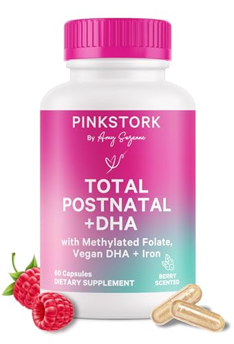 Pink Stork Total Postnatal Vitamins for Women | Vegan DHA, Iron, Folate, B12 | Postpartum Recovery Essentials | Lactation Support for Breastfeeding Moms | Third-Party Tested - 60 Capsules, Berry