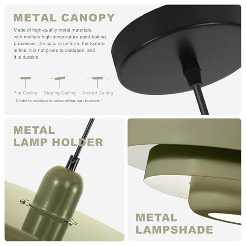 Image of Olive Green Large Pendant Light Fixture, 17.7 inch Vintage Industrial Adjustable Height Hanging Lamp for Farmhouse Cafe Bistro Kitchen Island Dining Room