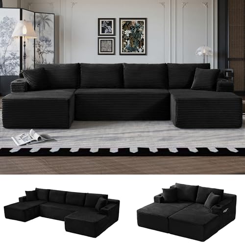 Image of Oversized Cloud Boneless Couch with Chaise, Modern Modular Sofa with Deep Seat, Corduroy Upholstered U Shaped Couch for Living Room, No Assembly Required (Black)