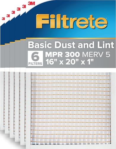 Filtrete 16x20x1 Air Filter MERV 5, 6-Pack AC Furnace HVAC, MPR 300 Basic Dust Defense, Pleated Electrostatic, Removes Lint