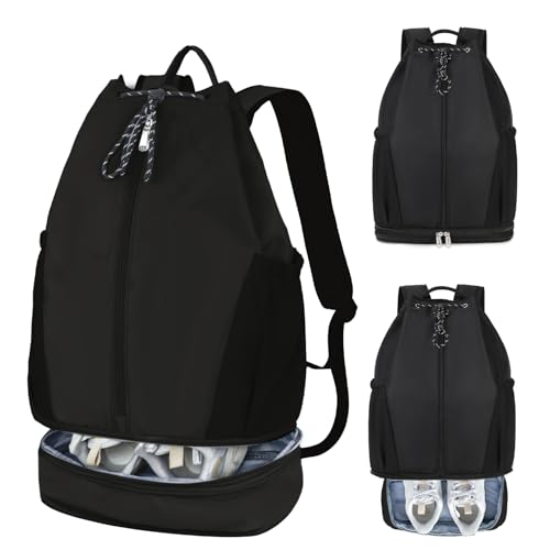 mygreen Gym Drawstring Backpack with Shoe Compartment – Waterproof Sports Bag, Lightweight & Breathable for Gym, Travel, Yoga | Large Capacity, Foldable Design Black