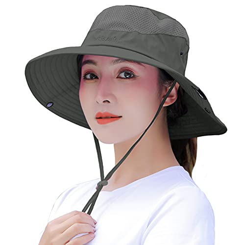 Women's Summer Sun Hat Wide Brim UV UPF50 Protection Hats Foldable Packable Ponytail Bucket Cap for Safari Beach Fishing Gardening Army Green - Thumbnail 6