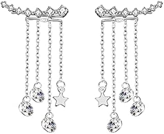 SLUYNZ 925 Sterling Silver 7 Crystals Cuff Earrings Star Dangle Tassel Earrings Chain for Women Girls CZ Drop Crawler Earrings Climber Ear Vines
