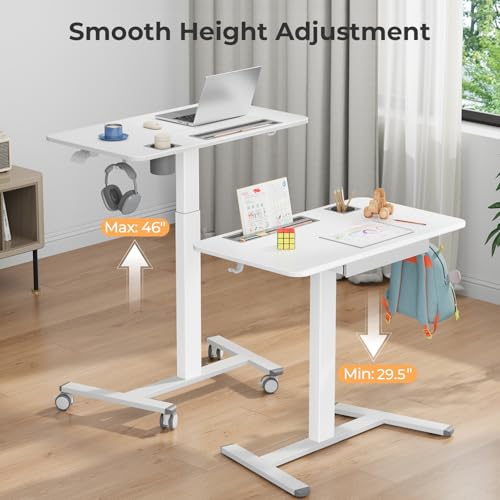 Image of Mobile Standing Desk with Drawer, 35 inch Small Standing Desk with Cup Holder, Rolling Laptop Desk on Wheels, Height Adjustable Desk with Storage for Home Office, White