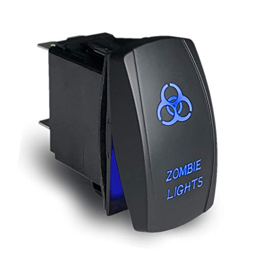 MGI SpeedWare LED Rocker Switch ON-Off, 20A 12vDC, 5-Pin with Jumper Wires, Laser Etched Zombie Lights (Blue)