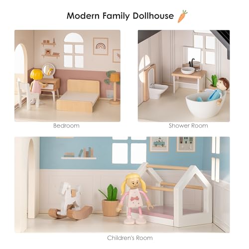 Wooden Dollhouse for Kids, 6-Room Modern Style Toy Doll House Playset with 26 Furniture & Functional Doors, 1:12 Scale Open Plan Dollhouse Designed for 4-6 Inch Dolls, STEM Creative Gift for Ages 3+