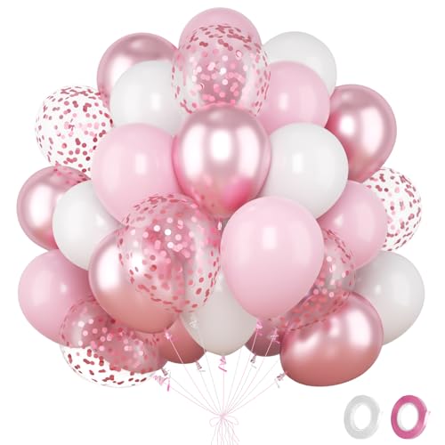 Pink And White Balloons- 60Pcs White Pink Balloons With Metallic Confetti Ballons Birthday Decorations For Girl Helium Balloon For Birthday Engagement Baby Shower Princess Party Decorations 12Inch