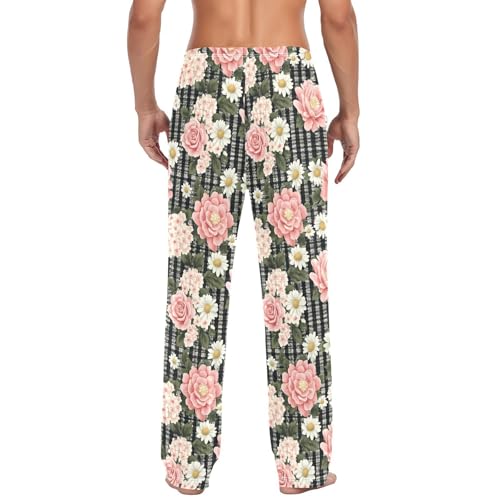 Men's Pink Roses Daisies Pajama Pants with Pockets - Straight Fit Cotton Sleep Bottoms for Lounge & Nightwear#1413