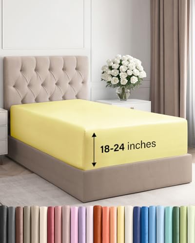 Image of Extra Deep Twin Fitted Sheet - Single Fitted Sheet Only - Yellow | Easily Fits 18 inch to 24 inch Mattress, Soft, Wrinkle Free, Breathable & Comfy, Extra Deep Pockets Hotel Luxury Fitted Sheet