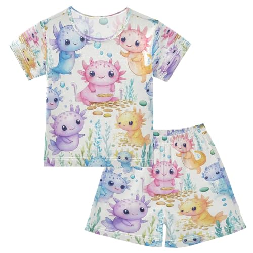 Pajama Sets Short Sleeve Cute Axolotl Watercolor Pattern Prints Soft Cotton Summer Sleepwear 2 Piece PJS Size 5-14T
