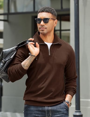 COOFANDY Men's Quarter Zip Up Pullover Mock Neck Long Sleeve Sweater Casual Corduroy Polo Sweatshirt2