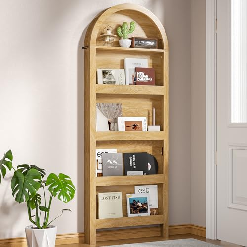 ZONVEOKE Behind The Door Book Shelf 5-Tier Curve Groove Wooden Bookcases with Open Display Storage Organizer for Toys and Books Space-Saving Wall Mount Narrow Book Shelf Natural Wood
