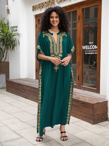 Image of KECVOT Kaftan Dresses for Women Embroidered Short Sleeve V-Neck Plus Size Caftan Bikini Swimsuit Cover-Up Long Beach Dress