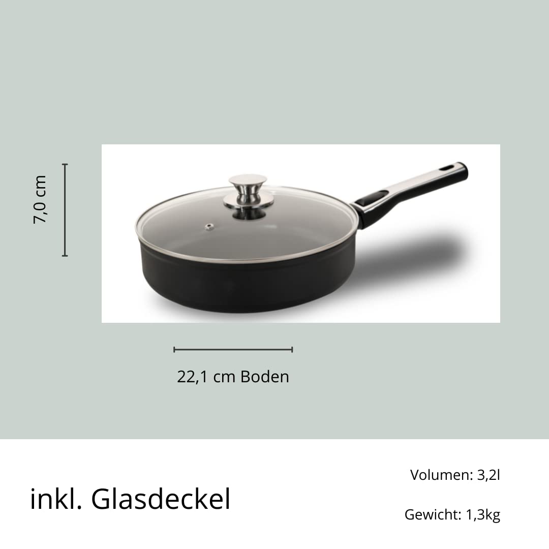 Genius Cerafit Plasma Schmorpfanne 26 cm + Glasdeckel - ofenfeste Keramikpfanne mit 3,2l Fassungsvermögen + hohem Rand | Bratpfanne mit abnehmbarem Griff für alle Herdarten