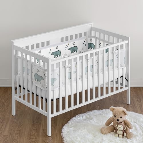 Image of Sweet Jojo Designs + BreathableBaby Bear Mountain Boy Breathable Mesh Crib Liner Baby and Infant - Slate Blue Black and White Woodland Forest Mountains Arrows