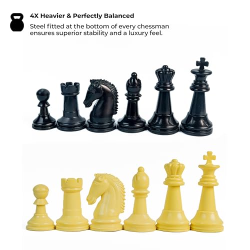 Image of International Tournament Chess Set | 17x 17 inch Mat |3X Weighted Chess Pieces with Velvet Base | 1.5Kg Premium Plastic Chessmen | Big Size | Roll-Up Green Vinyl Board | 100% Virgin Plastic