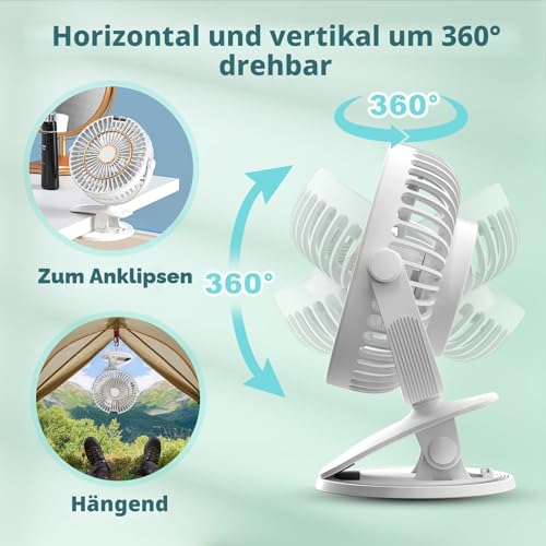 COZII Mini Ventilator, Clip Ventilator USB Ventilator Tischventilator Leise mit Akku, 5 Geschwindigkeiten 720° Drehung, 16cm Tragbarer Tischventilatoren für Zuhause, Büro, Outdoor, Reisen (Weiß) 3